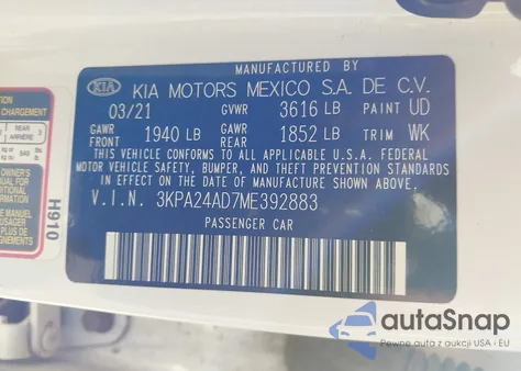 2021 Kia Rio S z USA, uszkodzony, nr VIN 3KPA24AD7ME392883